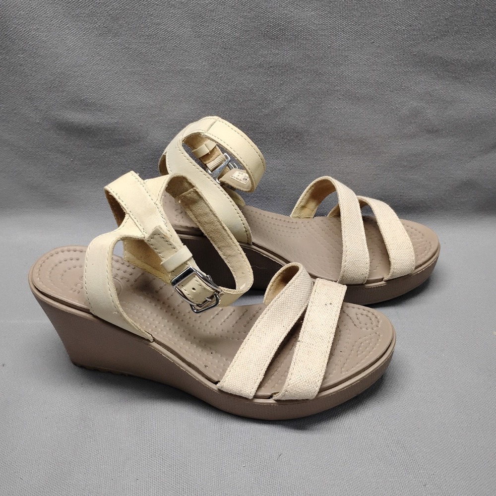 Crocs Leigh Sandal Womens Size 6 Beige Canvas Ankle Strap Wedge Heels 11382